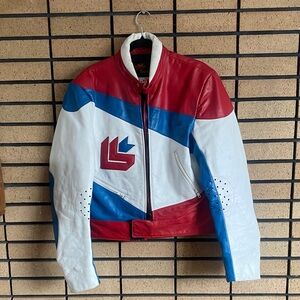 Stylish Red, White, and Blue Women's Motorcycle Jacket